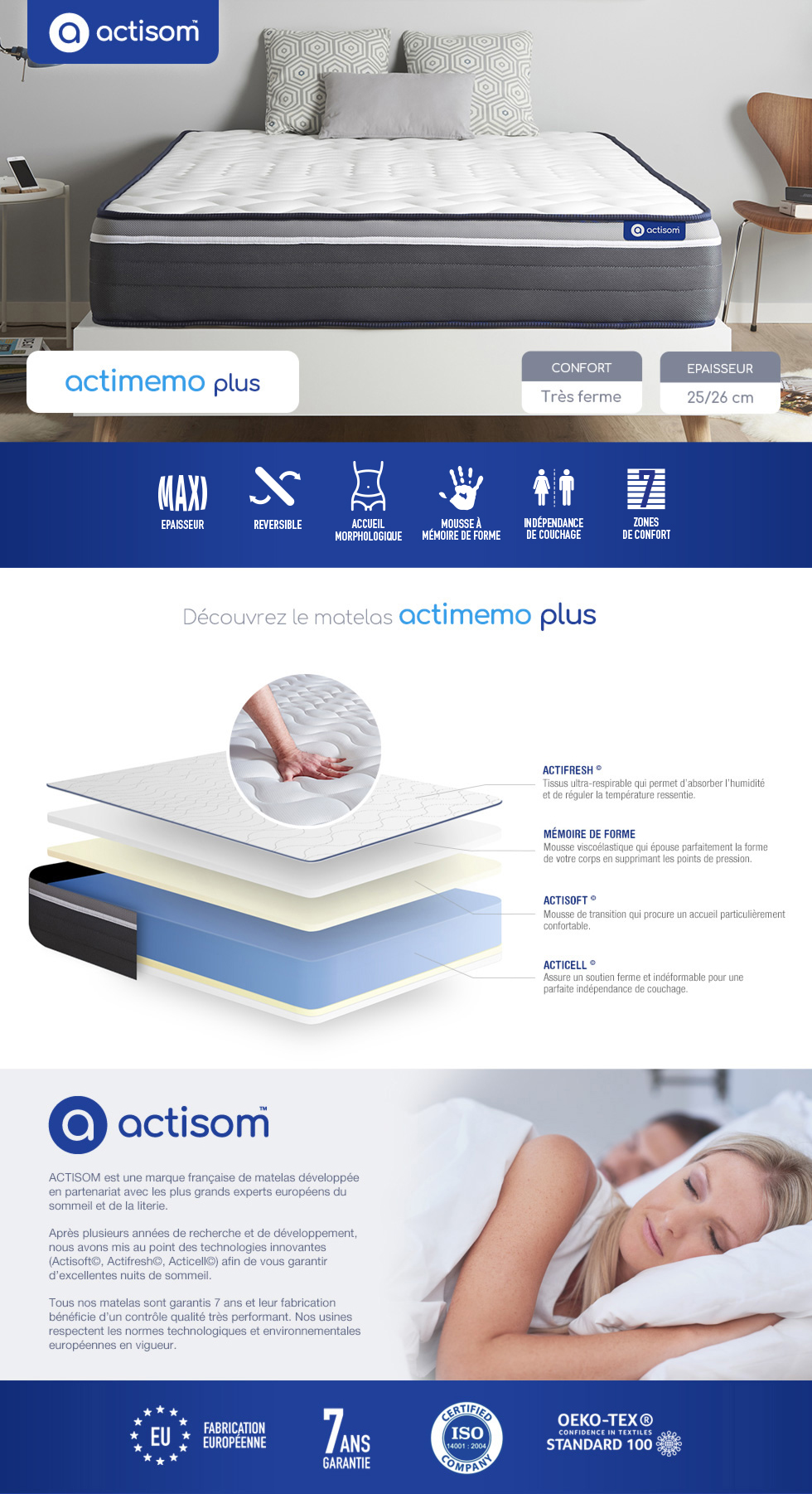 ACTISOM Matelas 90x200 Latex+Mémoire de forme Maxi épaisseur 7zones de  confort